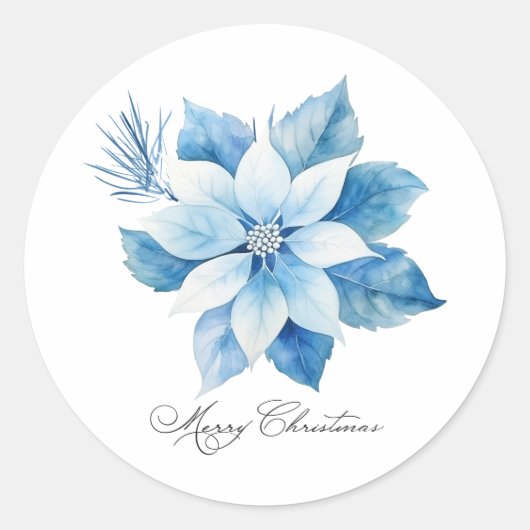 Merry Christmas Blue Poinsettia Gift Label (Voorkant)