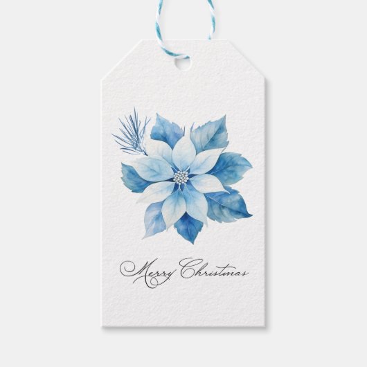 Merry Christmas Blue Poinsettia Gift Label Cadeaulabel (Voorkant)
