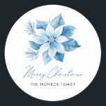 Merry Christmas Blue Poinsettia Sticker<br><div class="desc">Vrolijk Kerstmis Blauw poinsettia ontwerp</div>