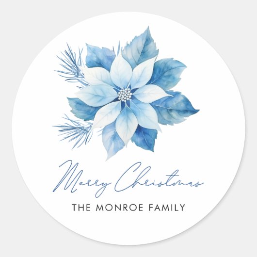 Merry Christmas Blue Poinsettia Sticker (Voorkant)