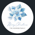 Merry Christmas Blue Poinsettia Sticker<br><div class="desc">Vrolijk Kerstmis Blauw poinsettia ontwerp</div>