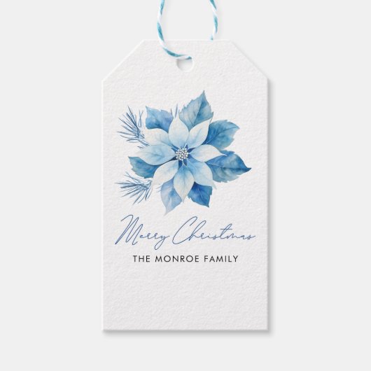 Merry Christmas Blue Poinsettia Sticker Cadeaulabel (Voorkant)