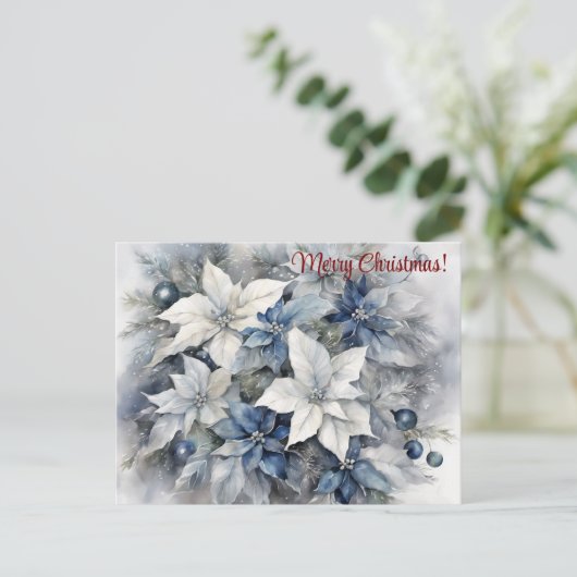 Merry Christmas Blue Silver Poinsettia Briefkaart (Staand voorkant)