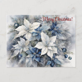 Merry Christmas Blue Silver Poinsettia Briefkaart