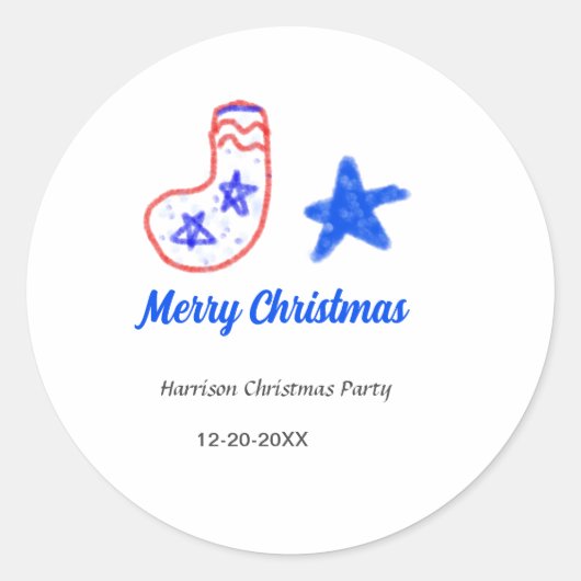 Merry Christmas blue star red stockings name date  Ronde Sticker (Voorkant)