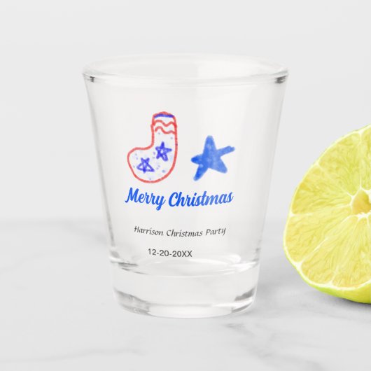 Merry Christmas blue star red stockings name date  Shot Glas (Voorkant)