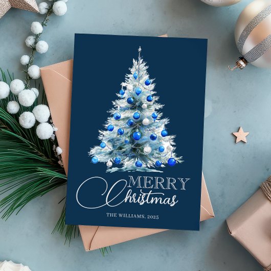 Merry Christmas Blue White Watercolor Tree Feestdagenkaart