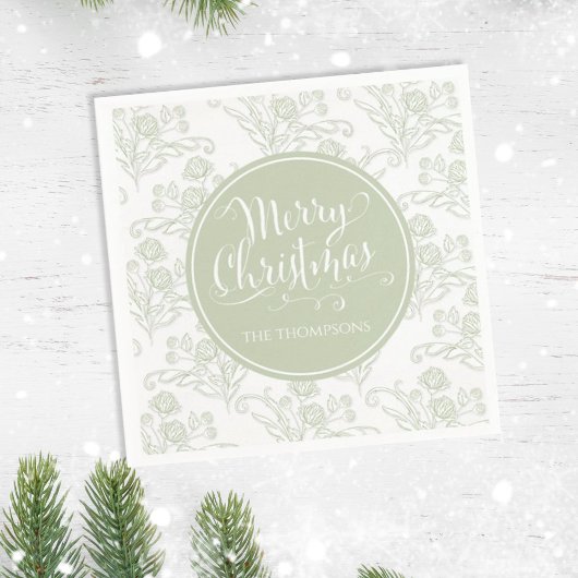 Merry Christmas Botanical Elegant Green Floral Servet