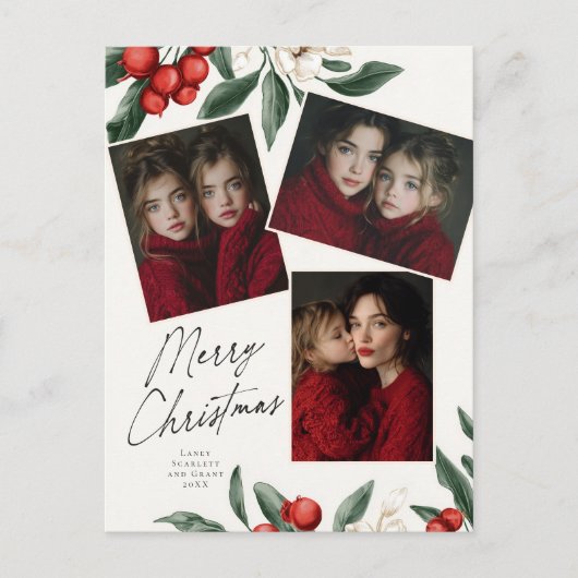 Merry Christmas Botanical Holiday 3 photo Feestdagenkaart (Voorkant)