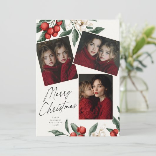 Merry Christmas Botanical Holiday 3 photo Feestdagenkaart (Staand voorkant)