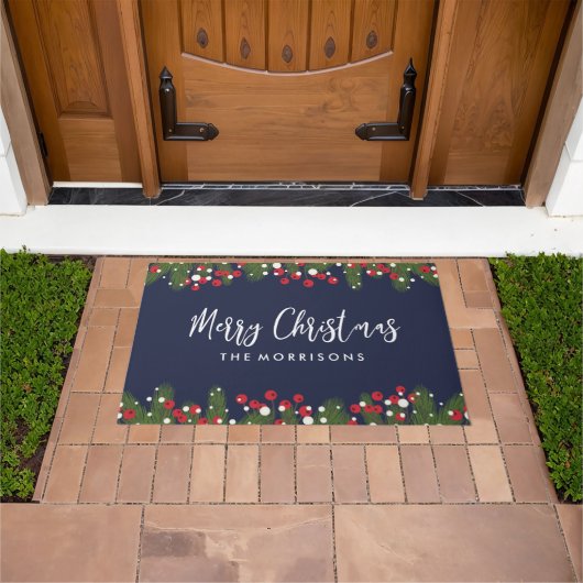 Merry Christmas Botanical Pine & Berry Custom Blau Deurmat (Buiten)