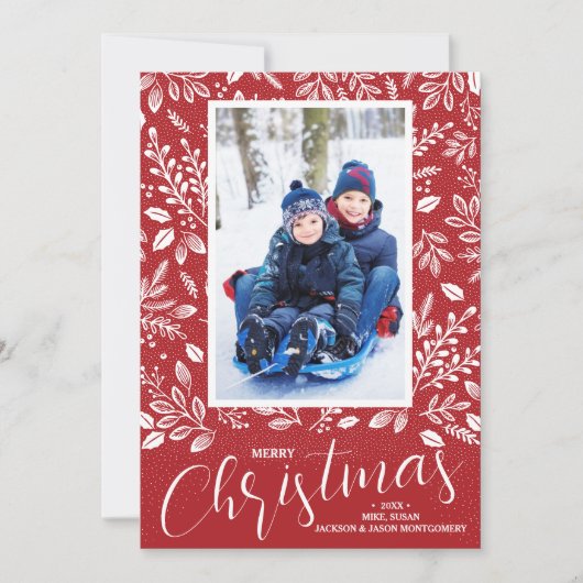 Merry Christmas Botanicals on Red Photo Feestdagenkaart (Voorkant)