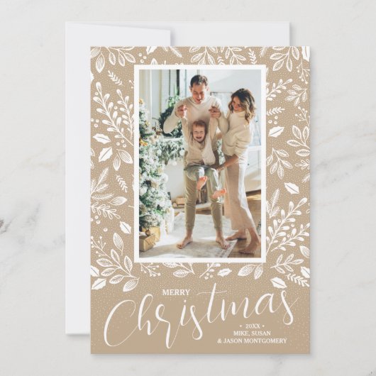 Merry Christmas Botanicals on Taupe Photo Feestdagenkaart (Voorkant)