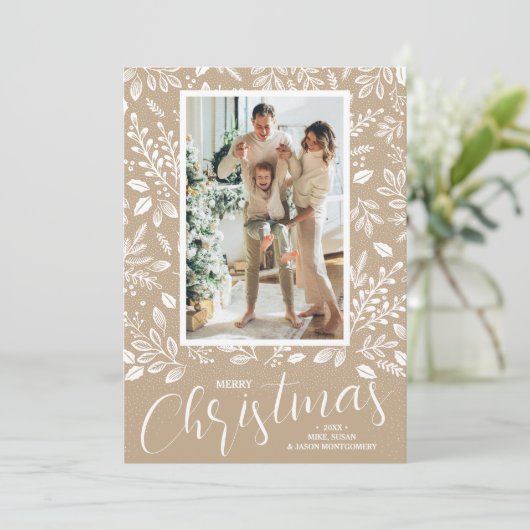 Merry Christmas Botanicals on Taupe Photo Feestdagenkaart (Staand voorkant)