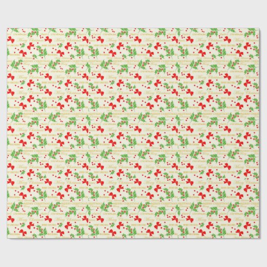 Merry Christmas Bow en Holly Bough Retro Cadeaupapier (Vlak)