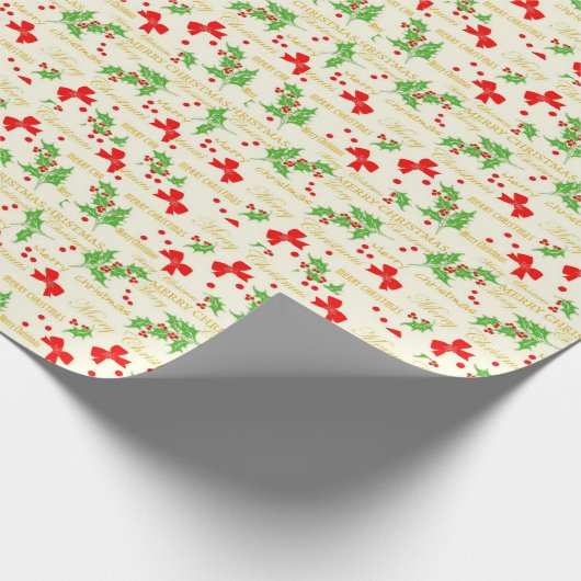 Merry Christmas Bow en Holly Bough Retro Cadeaupapier (Hoek)