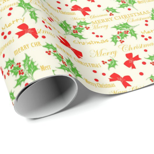 Merry Christmas Bow en Holly Bough Retro Cadeaupapier (Rol Hoek)