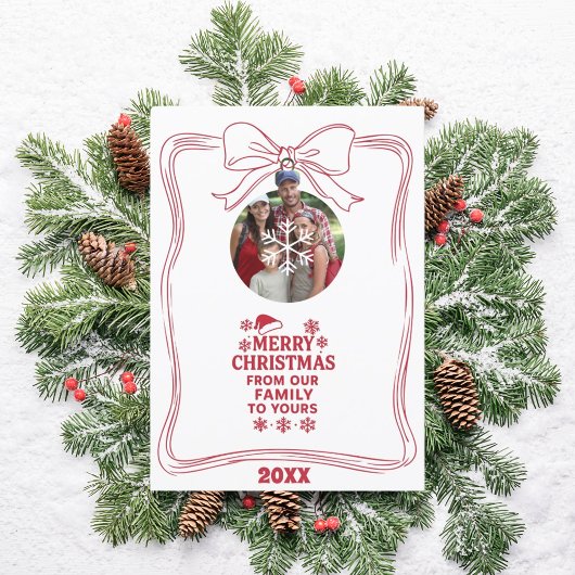 Merry Christmas bow red white modern photo card Feestdagenkaart
