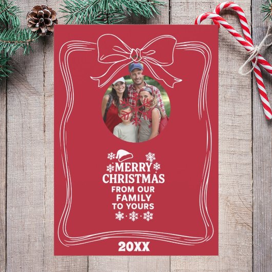 Merry Christmas bow red white modern photo card Feestdagenkaart