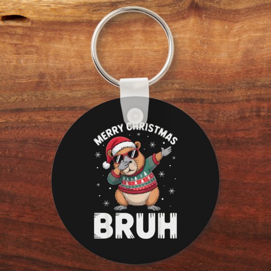 Merry Christmas Bruh Capybara Dabbing Santa Hat Xm Sleutelhanger (Voorkant)