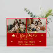 Merry Christmas Brush Script 3 Foto's Rood Folie Feestdagenkaart (Staand Voorkant)