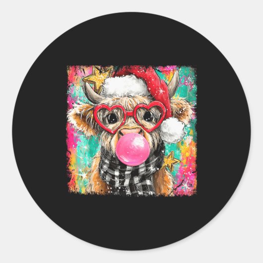 Merry Christmas Bubble Gum Xmas Highland Cow Heife Ronde Sticker (Voorkant)