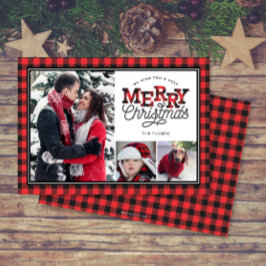 MERRY Christmas Buffalo Plaid Border 3-foto Feestdagenkaart