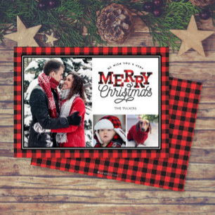 MERRY Christmas Buffalo Plaid Border 3-foto Feestdagenkaart