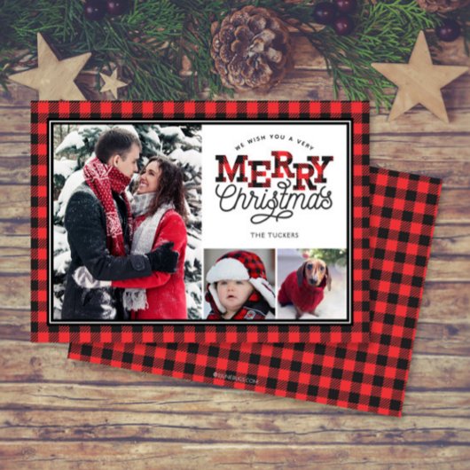 MERRY Christmas Buffalo Plaid Border 3-foto Feestdagenkaart