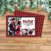 MERRY Christmas Buffalo Plaid Border 3-foto Feestdagenkaart