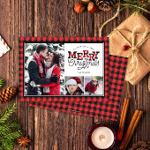 MERRY Christmas Buffalo Plaid Border 3-foto Feestdagenkaart