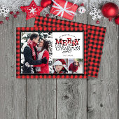 MERRY Christmas Buffalo Plaid Border 3-foto Feestdagenkaart