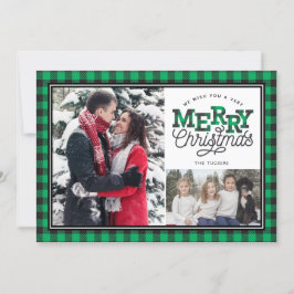 MERRY Christmas Buffalo Plaid Green 2-Foto Feestdagenkaart