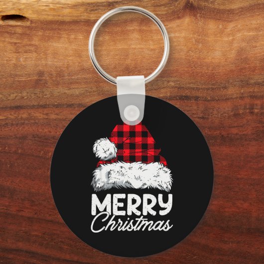 Merry Christmas Buffalo Plaid Red Santa Hat Xmas P Sleutelhanger (Voorkant)