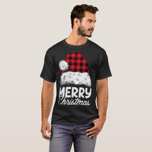 Merry Christmas Buffalo Plaid Red Santa Hat Xmas P T-shirt (Voorkant volledig)