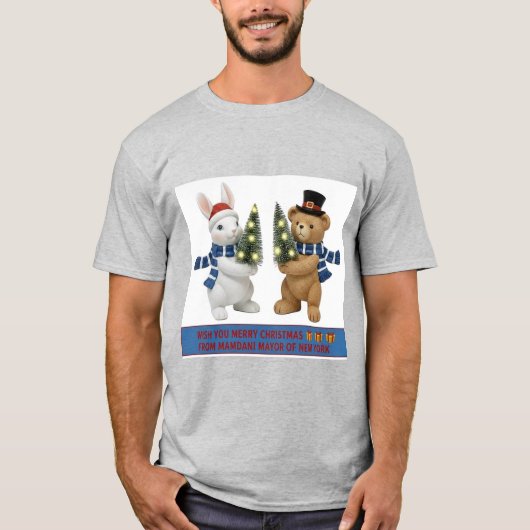 Merry Christmas Bunny and Bear Holding Trees T-Shi T-shirt (Voorkant)