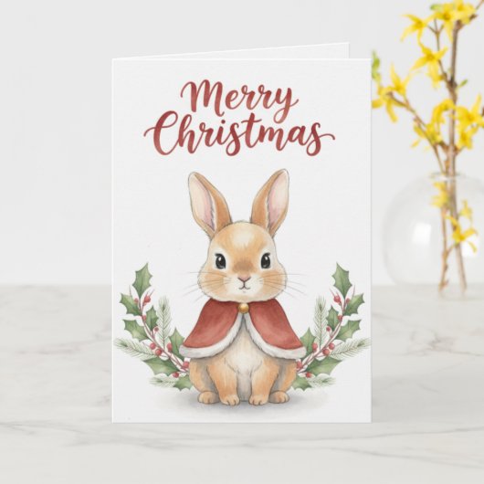 Merry Christmas Bunny Card Cute Rabbit in Red Cape Kaart (Gele Bloem)