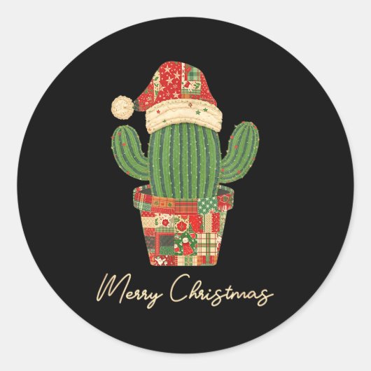 Merry Christmas Cactus Patchwork Quilt  Ronde Sticker (Voorkant)