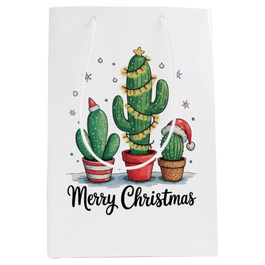 Merry Christmas Cactus Tree Festive Xmas Lights Medium Cadeauzakje (Voorkant)