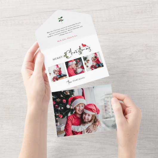 Merry Christmas Calligraphy Botanical 3 Photo All In One Uitnodiging (Afscheurbaar)