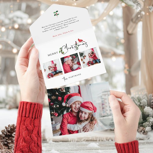 Merry Christmas Calligraphy Botanical 3 Photo All In One Uitnodiging