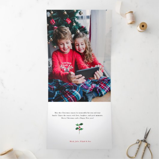 Merry Christmas Calligraphy Botanical 3 Photo Drieluik Wenskaart (Binnen)