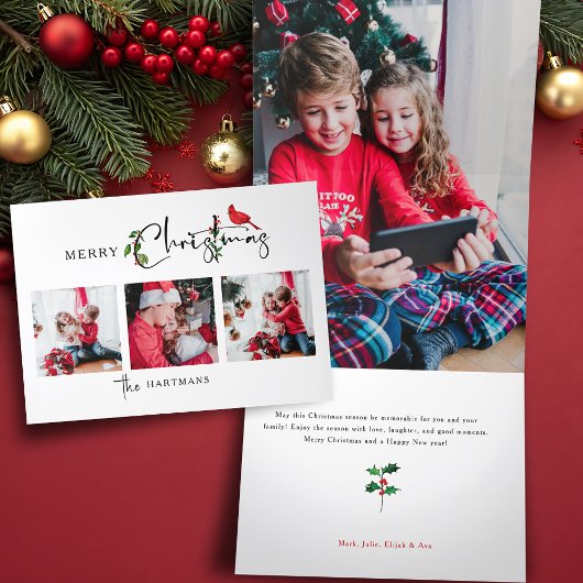 Merry Christmas Calligraphy Botanical 3 Photo Drieluik Wenskaart