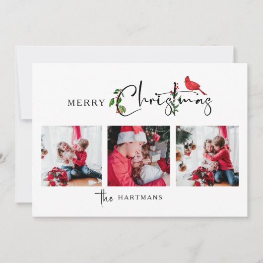Merry Christmas Calligraphy Botanical 3 Photo Feestdagenkaart (Voorkant)