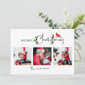 Merry Christmas Calligraphy Botanical 3 Photo Feestdagenkaart (Staand voorkant)