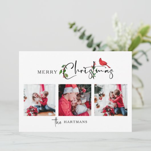 Merry Christmas Calligraphy Botanical 3 Photo Feestdagenkaart (Staand voorkant)
