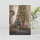 Merry Christmas Calligraphy Script Family Photo Feestdagenkaart (Staand voorkant)