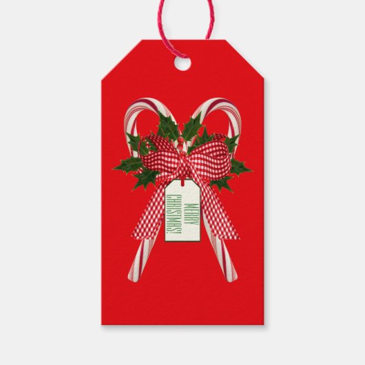 Merry Christmas Candy Canes Holly Vakantienaam Cadeaulabel (Voorkant)