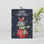 Merry Christmas Card of Zebra In Knitted Sweater Feestdagenkaart (Staand voorkant)