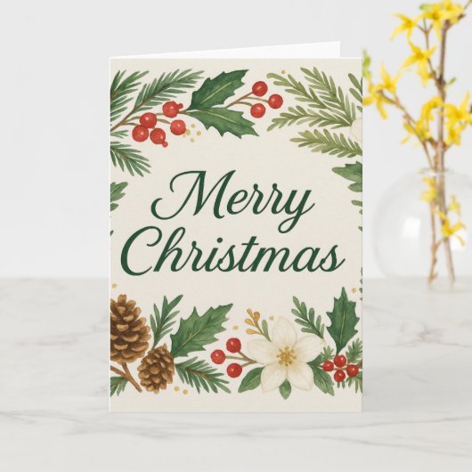 Merry Christmas Card Winter Florals Pine Branches  Kaart (Gele Bloem)